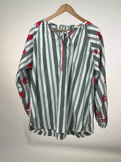 Grey Stripe Embroidered Top